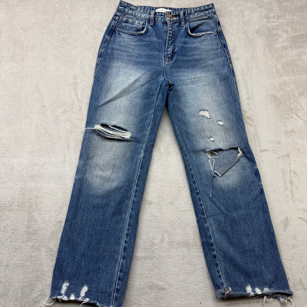 Flying Monkey Jeans Women's 26 Dad Jean Blue Distressed High‎ Rise Straight Leg